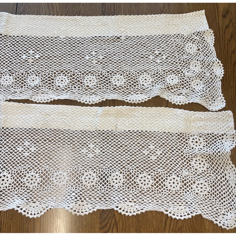 Curtain Valance Cotton Crochet Lace Kitchen 2 Panels 56" x 13" Shabby Cottage